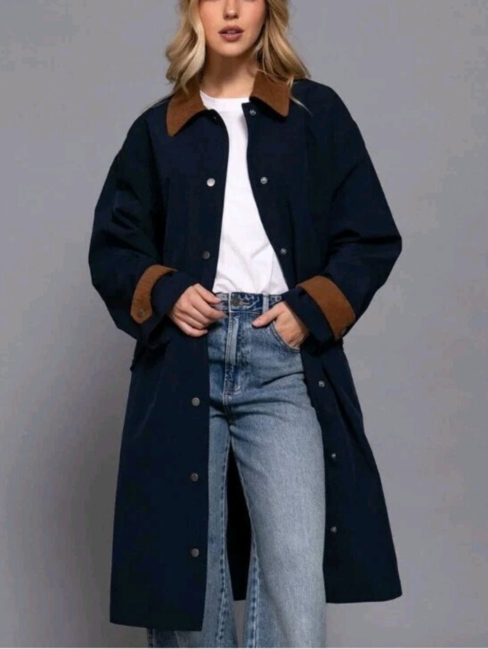 Active USA Navy Long Sleeve Contrast Collar Button Down Long Trench Coat Size L